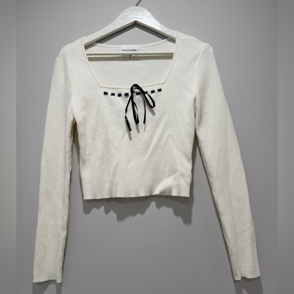 NWOT White Ribbed Square-Neck Knit Top with Bow Ribbon Size L
